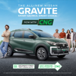 Green Nissan Gravite parked with a family highlighting the new twin-cylinder CNG retrofit kit in India.