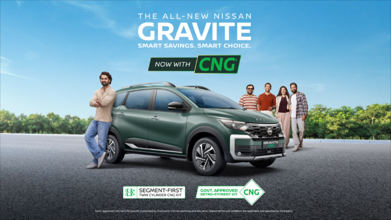 Green Nissan Gravite parked with a family highlighting the new twin-cylinder CNG retrofit kit in India.