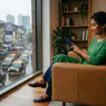 A woman in a green kurta checking her smartphone next to a rainy Mumbai window showing iconic local taxis and traffic.