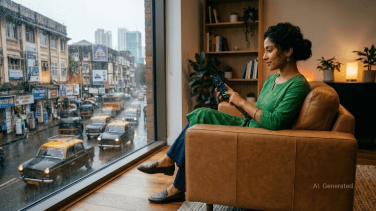 A woman in a green kurta checking her smartphone next to a rainy Mumbai window showing iconic local taxis and traffic.