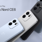 Four OnePlus Nord CE6 handsets leaning diagonally in light blue, white, charcoal, and grey showing the rear camera module.