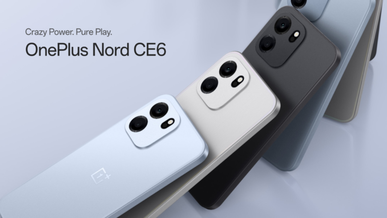 Four OnePlus Nord CE6 handsets leaning diagonally in light blue, white, charcoal, and grey showing the rear camera module.