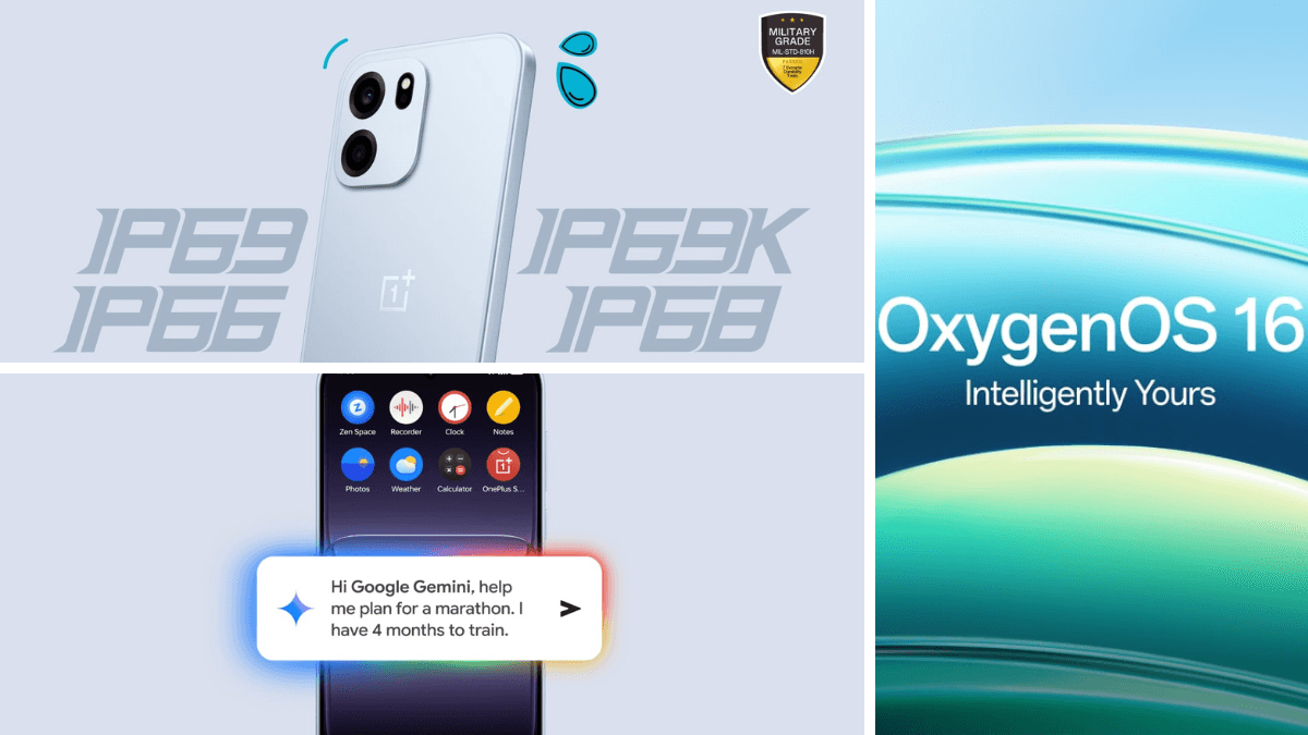 Can a mid-range phone really handle 144FPS gaming? 2 A collage featuring IP69 and military-grade logos, the OxygenOS 16 branding, and a Google Gemini AI prompt on a smartphone.