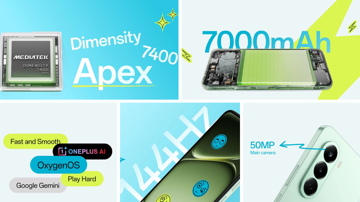 A spec grid showing a 7000mAh battery, MediaTek Dimensity chip, and 144Hz display for the OnePlus Nord CE6 Lite