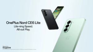 Mint green and black OnePlus Nord CE6 Lite smartphones on a blue background for the Indian market