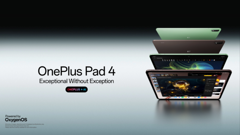 Four OnePlus Pad 4 tablets stacked vertically showing green and grey metal unibody finishes and a 13.2-inch screen display...