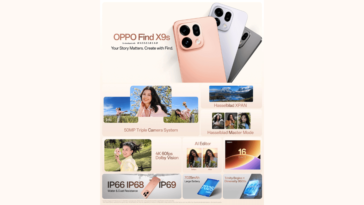 An infographic showing the OPPO Find X9s smartphone in multiple colours with details on the 50MP triple camera in India.