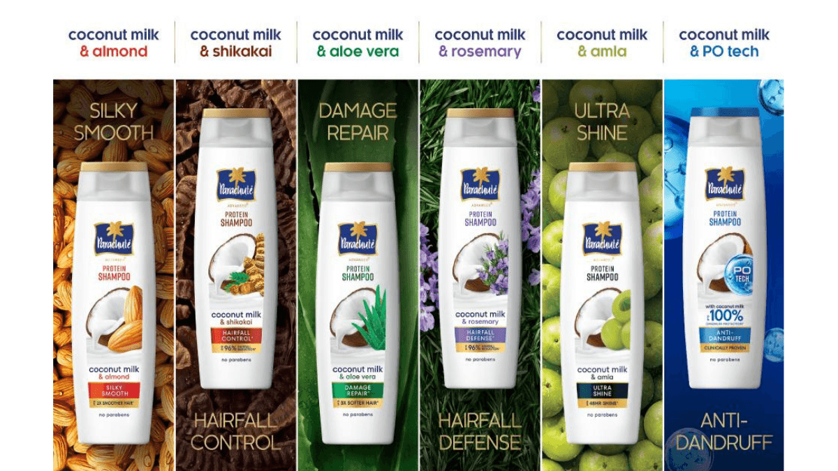 Six Parachute Advansed Protein Shampoo bottles showing natural ingredient blends like aloe vera for the Indian market.