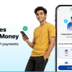 Smiling young man holding a phone next to a smartphone displaying the Paytm Pocket Money app setup interface in India.