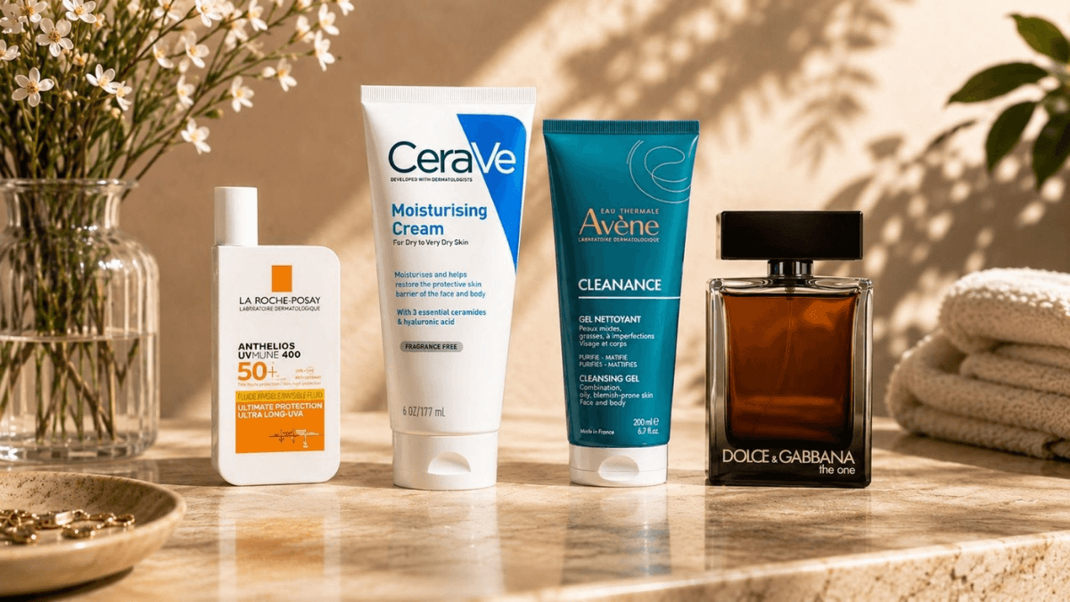 Finding authentic French and K-beauty just got much easier 1 La Roche-Posay, CeraVe, Avène, and Dolce & Gabbana products on a marble counter for Amazon India premium beauty launch.