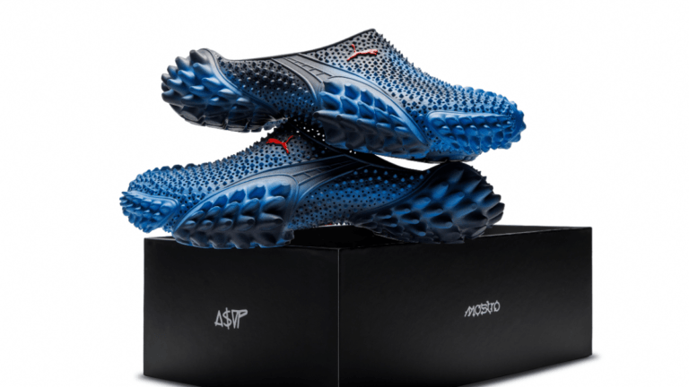 PUMA and A$AP Rocky drop a 3D-printed spiked mule on May 21 4 Blue and black textured PUMA Mostro mules stacked on an A$AP branded shoebox before the global launch.