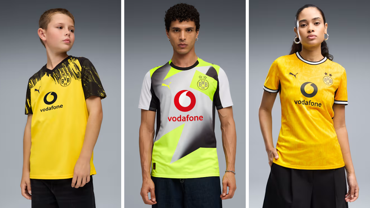 A child, man, and woman modelling the new Dortmund home and training jerseys from the 2026/27 collection