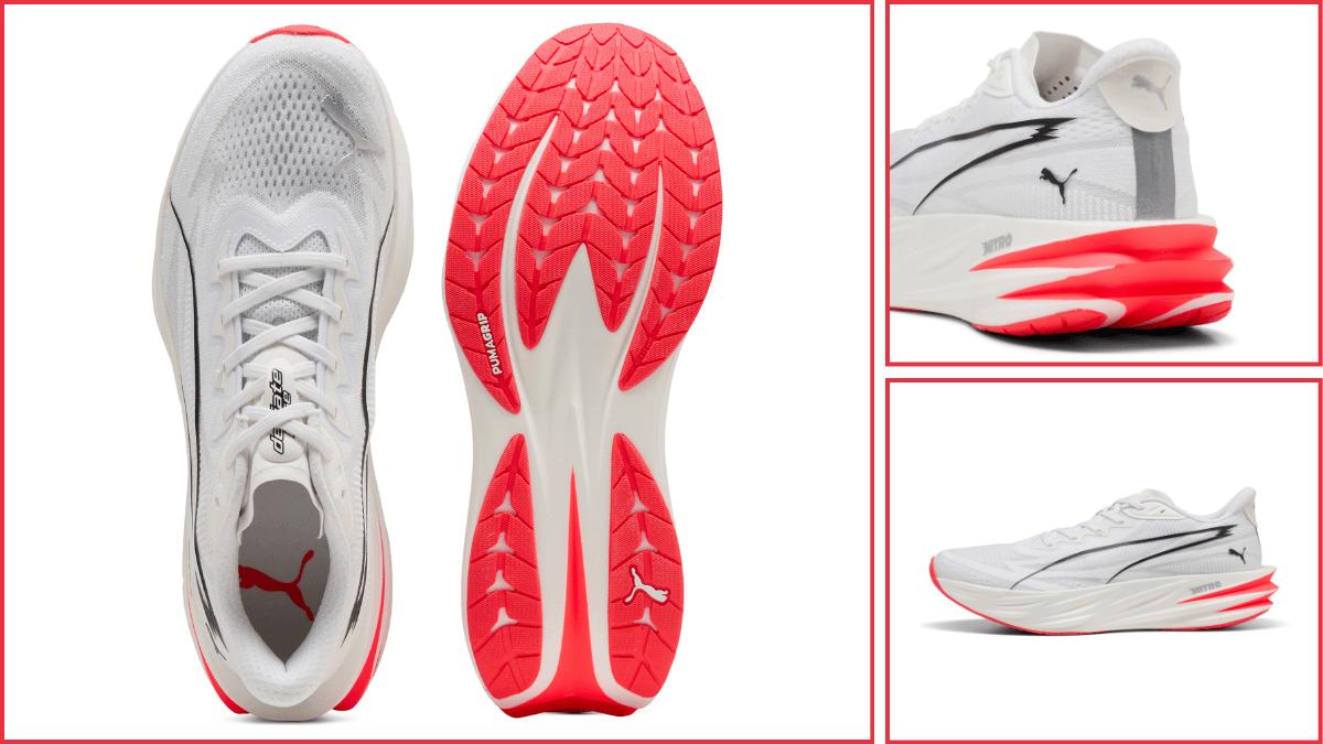 The flexible tempo trainer that could save your leg joints 2 Collage of white and pink Puma running shoes showing the top mesh, thick side profile, and pink rubber PUMAGRIP outsole.