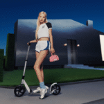 Rosé of Blackpink on a silver scooter wearing ivory PUMA H-Street sneakers in a surreal campaign neighbourhood.