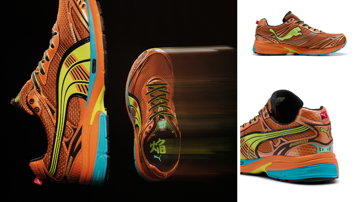 PUMA brings back the 2000s Homura runner 2 Collage of PUMA Homura shoes showing the flame character on the footbed and technical mesh overlays.