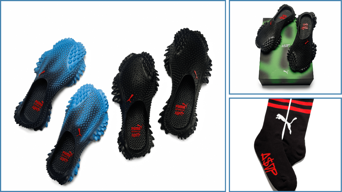 Collage showing top views of blue and black PUMA Mostro mules, the shoe on a branded box, and custom A$AP crew socks.