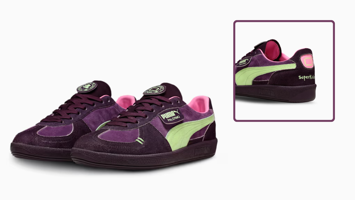 Dark purple suede PUMA sneakers with a lime green formstrip and pink lining on a white background