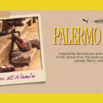 Polaroid photo of sneakers on stone steps next to PUMA x Superkicks Palermo Jamun text on a beige background