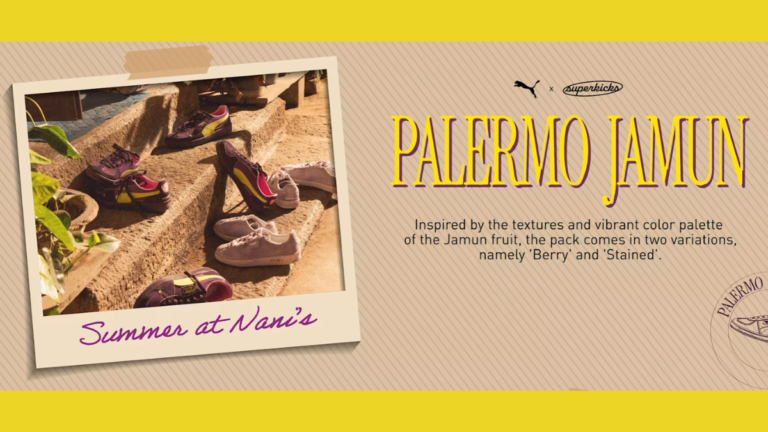 Polaroid photo of sneakers on stone steps next to PUMA x Superkicks Palermo Jamun text on a beige background