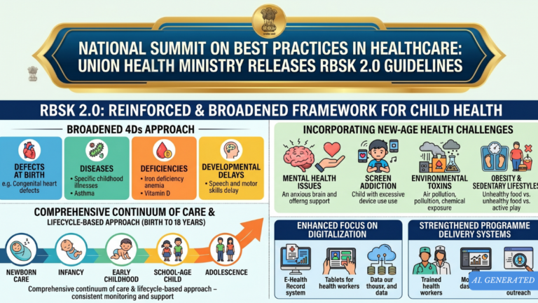 RBSK 2.0 infographic showing health icons and a 0-18 age timeline for the updated Indian child screening programme.
