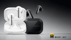 Realme Buds Air 8 Pro earbuds in Master White and Master Black variants with their open charging cases on a grey background.