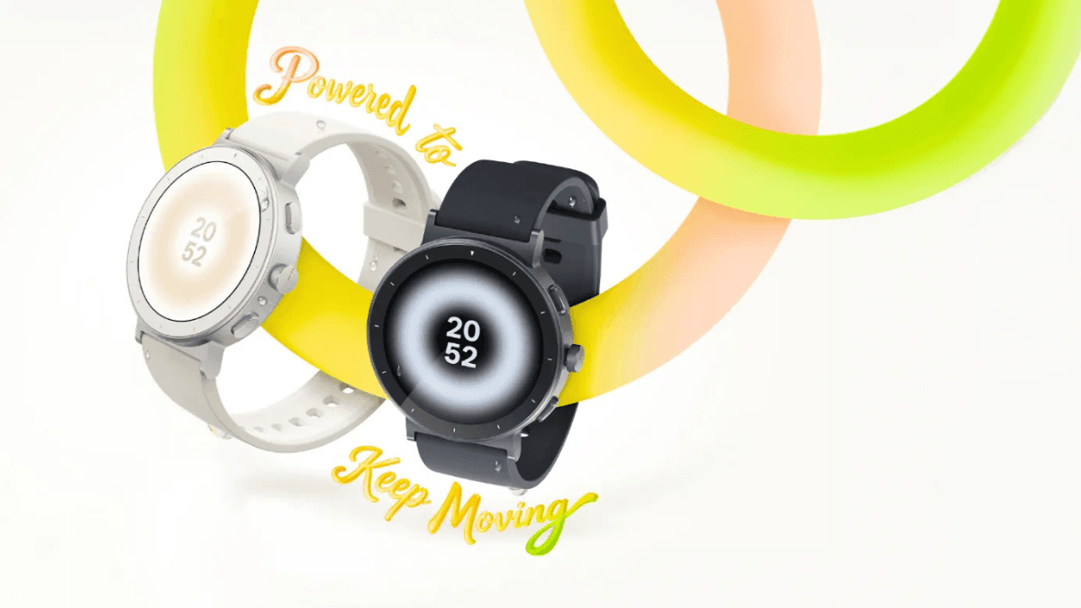 The standalone GPS smartwatch built for phone-free workouts 2 Realme Watch S5 smartwatches in Sand White and Rock Grey variants displayed together over a yellow and orange graphic background.