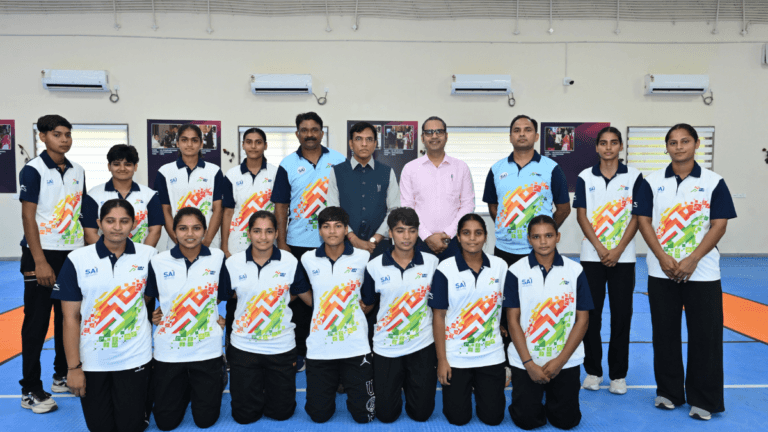 India has a new nodal hub for elite para sports training 1 Dr Mansukh Mandaviya with Indian athletes in matching sports jerseys at the SAI NCoE Gandhinagar training centre facility.