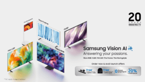 Promotional graphic showing five Samsung Vision AI TVs, including Micro RGB and OLED, alongside Indian market launch offers.