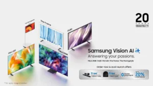 Promotional graphic showing five Samsung Vision AI TVs, including Micro RGB and OLED, alongside Indian market launch offers.