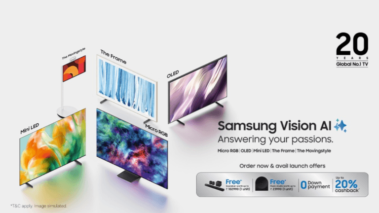 At ₹36,990, this 2026 TV lineup brings AI to your living room 1 Promotional graphic showing five Samsung Vision AI TVs, including Micro RGB and OLED, alongside Indian market launch offers.