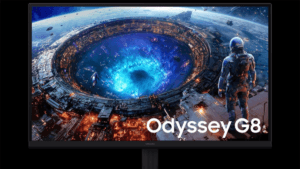 Front view of a flat Samsung Odyssey G8 desktop monitor displaying a vibrant blue and orange sci-fi space station graphic.