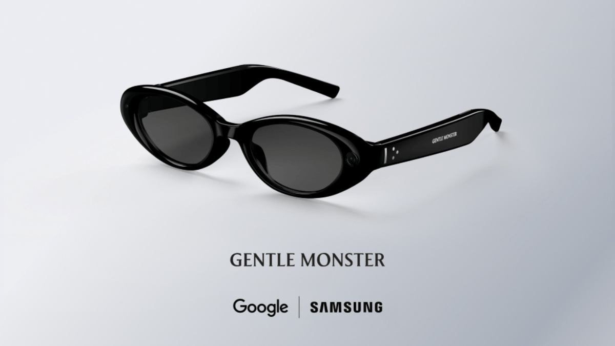 Black oval-shaped Gentle Monster intelligent eyewear by Samsung and Google featuring integrated camera sensors on the glossy frame.