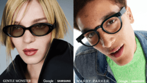 Two people wearing Samsung Google smart glasses showcasing Gentle Monster sunglasses and Warby Parker clear optical frames.