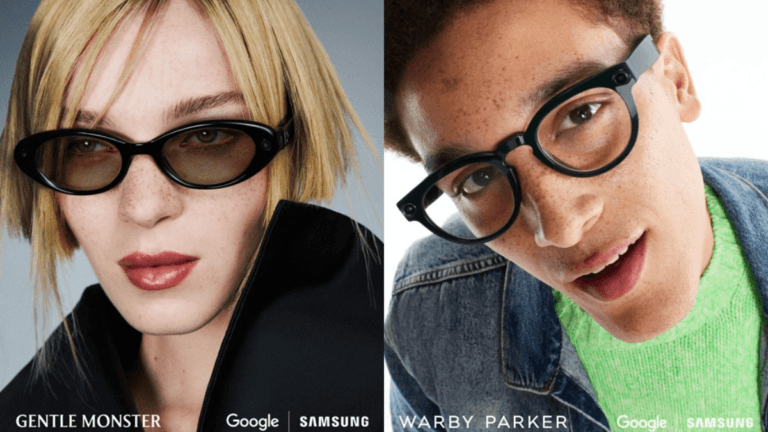 Are smart glasses finally ready for your morning commute 5 Two people wearing Samsung Google smart glasses showcasing Gentle Monster sunglasses and Warby Parker clear optical frames.