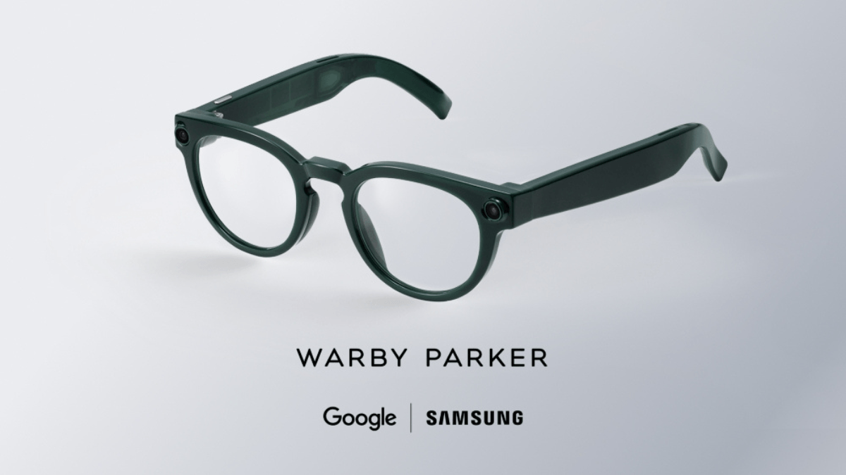 Dark green round-frame Warby Parker smart glasses with clear optical lenses and subtle technology modules visible in the arms.