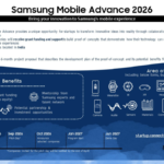 Samsung Mobile Advance 2026 blue and white infographic with icons for AI, health, and camera for an Indian startup.