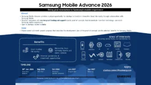 Samsung Mobile Advance 2026 blue and white infographic with icons for AI, health, and camera for an Indian startup.