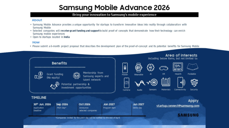 Samsung Mobile Advance 2026 blue and white infographic with icons for AI, health, and camera for an Indian startup.