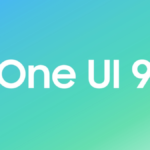White "One UI 9" text on a blue and green gradient background for the Samsung mobile update.