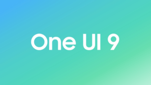 White "One UI 9" text on a blue and green gradient background for the Samsung mobile update.