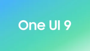 White "One UI 9" text on a blue and green gradient background for the Samsung mobile update.