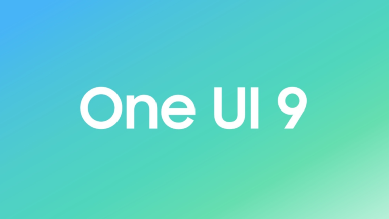 White "One UI 9" text on a blue and green gradient background for the Samsung mobile update.
