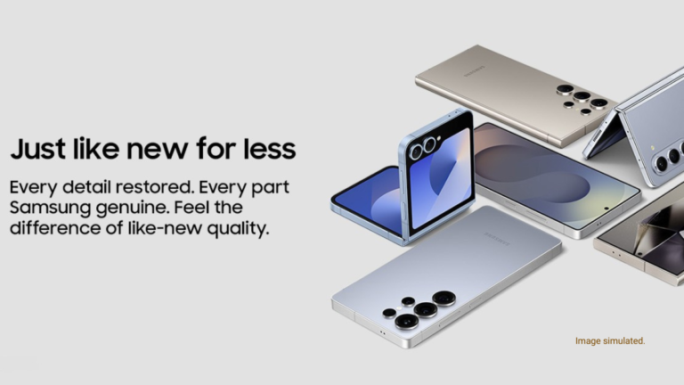 Samsung Galaxy S24 Ultra and foldable smartphones arranged on a grey background for the refurbished programme in India