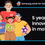 Four cartoon youth figures stand before a grid backdrop alongside text reading 5 years of innovation in motion for Samsung.