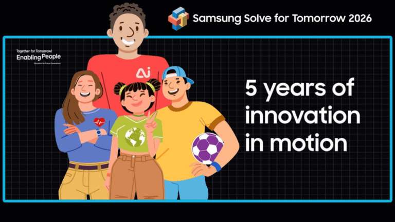Four cartoon youth figures stand before a grid backdrop alongside text reading 5 years of innovation in motion for Samsung.