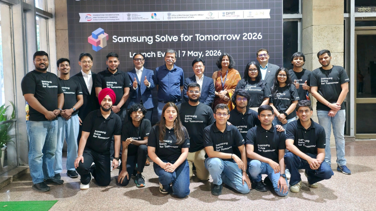 Winning student teams will share ₹2 crore in grants 1 Samsung leadership and IIT Delhi officials standing with students in black t-shirts for the Solve for Tomorrow launch