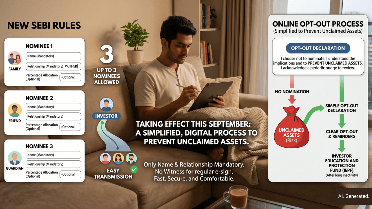 A man on a couch uses a tablet, surrounded by graphics explaining the new SEBI three-nominee forms and opt-out process.