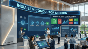 Professionals using kiosks near a large India Semiconductor Mission display showing a tracking workflow for the new portal.