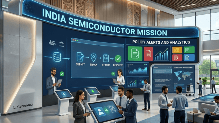 Professionals using kiosks near a large India Semiconductor Mission display showing a tracking workflow for the new portal.