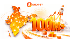 Glowing map of India beside 100M+ text, a launching rocket, and shopping bags under the Shopsy logo representing app growth.